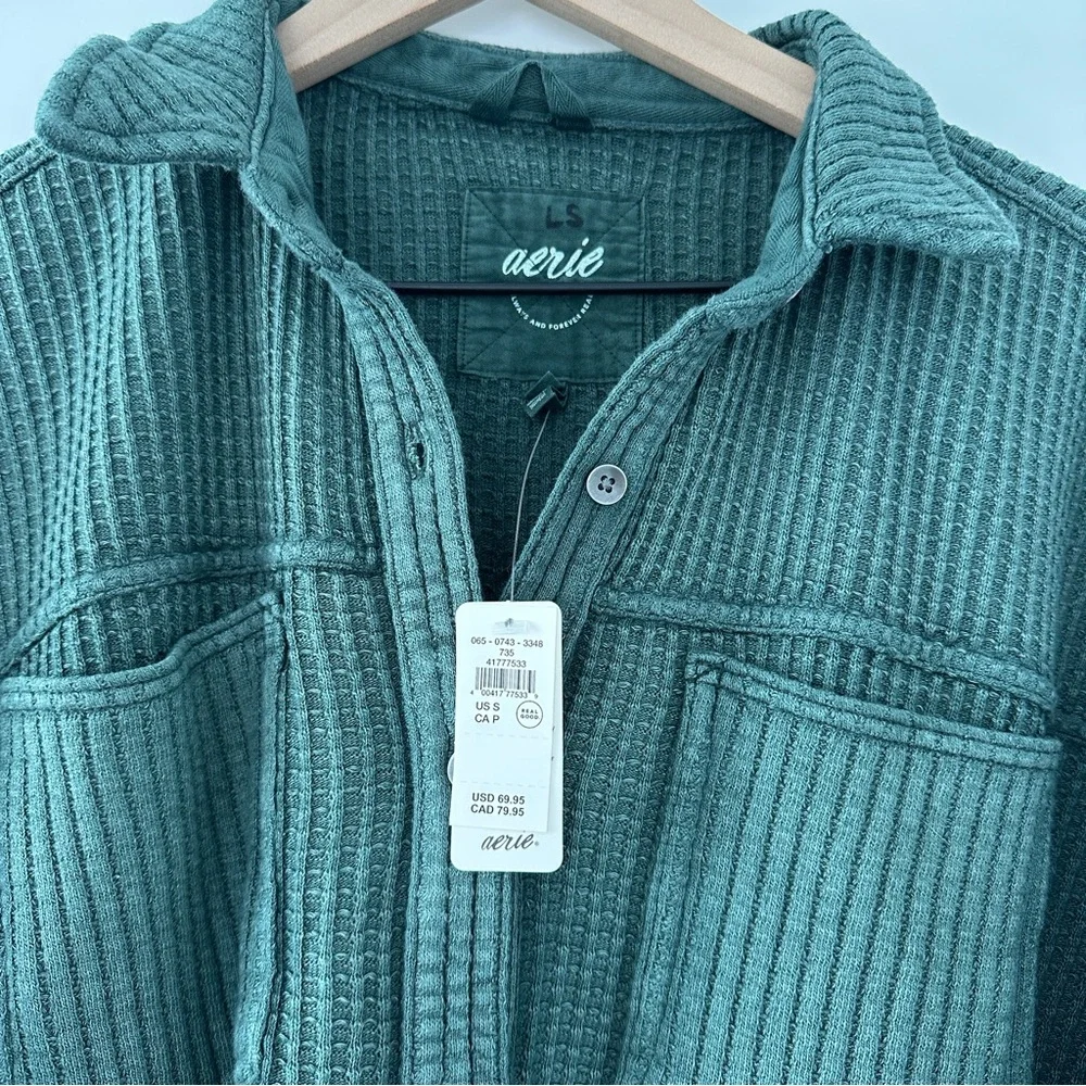 NWT Aerie Emerald Green Waffle Knit Lumber Jane Button-Up Shacket - Picture 2 of 4